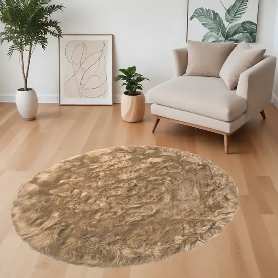 6' X 6' Tan Round Faux Fur Washable Non Skid Area Rug Photo 1