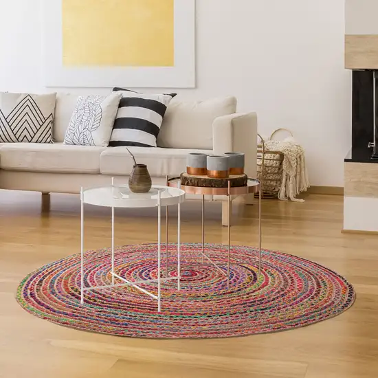 Tan Round Geometric Hand Braided Area Rug Photo 5