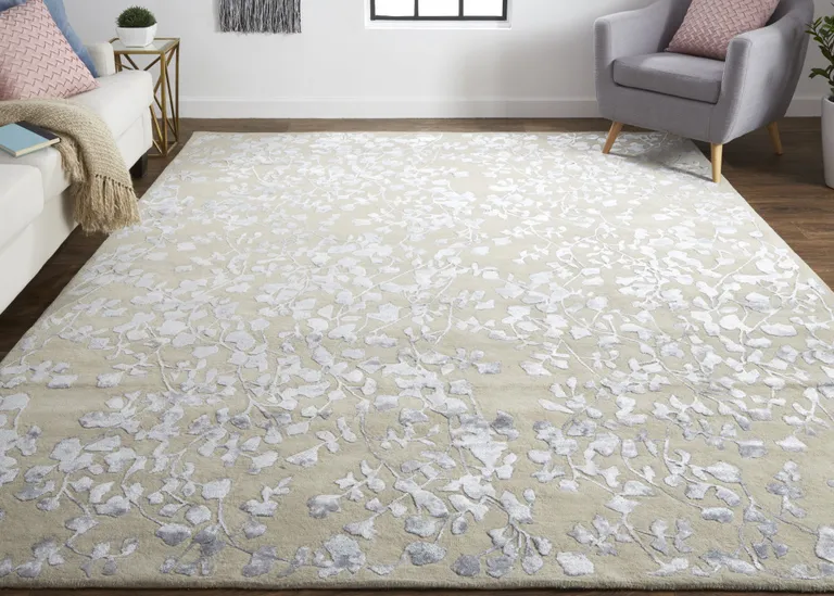 Tan Silver And Gray Wool Floral Tufted Handmade Area Rug Photo 5