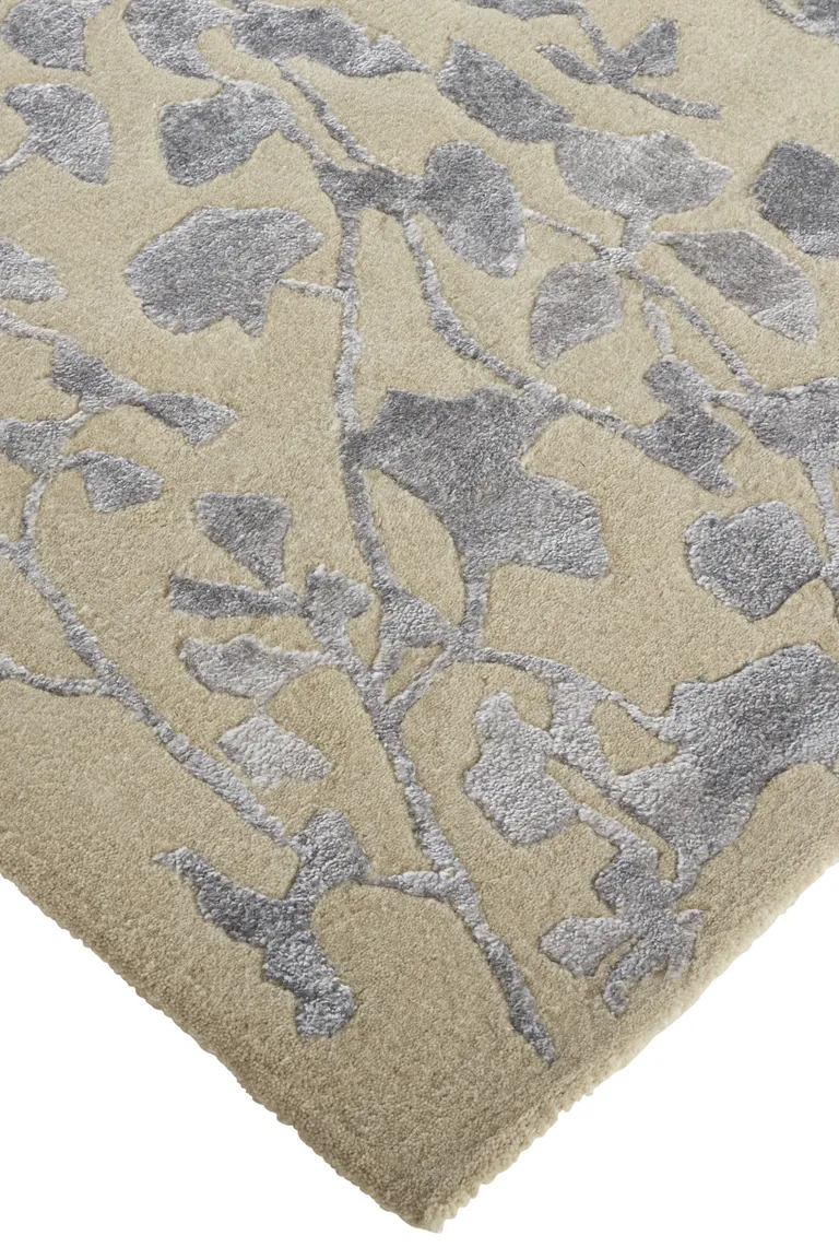 Tan Silver And Gray Wool Floral Tufted Handmade Area Rug Photo 4