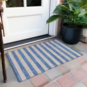 Photo of Tan Striped Washable Non Skid Indoor Outdoor Area Rug