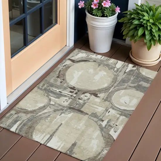 Tan Taupe And Beige Geometric Washable Indoor Outdoor Area Rug Photo 1