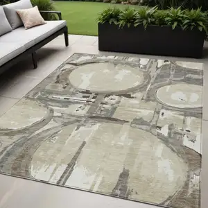 Photo of Tan Taupe And Beige Geometric Washable Indoor Outdoor Area Rug