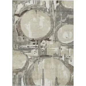 Photo of Tan Taupe And Beige Geometric Washable Indoor Outdoor Area Rug