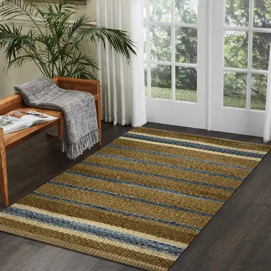 Tan and Blue Striped Area Rug Photo 9