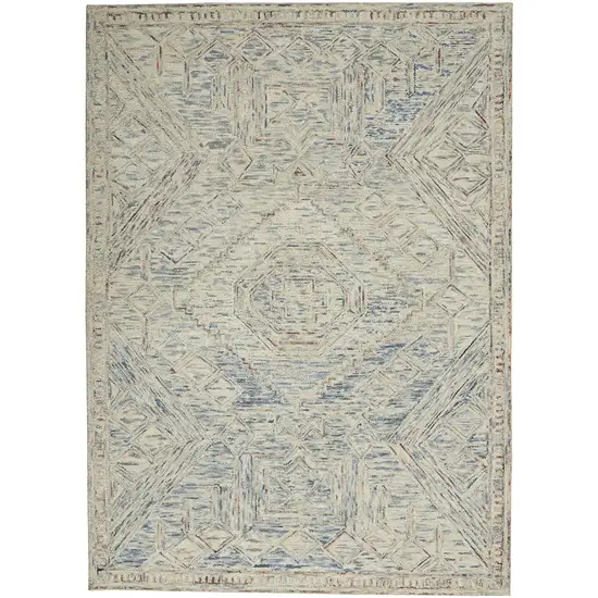 Tan and Blue Wool Geometric Area Rug Photo 2