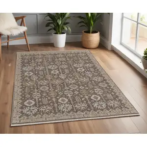 Photo of Tan and Brown Wool Oriental Hand Knotted Area Rug With Fringe