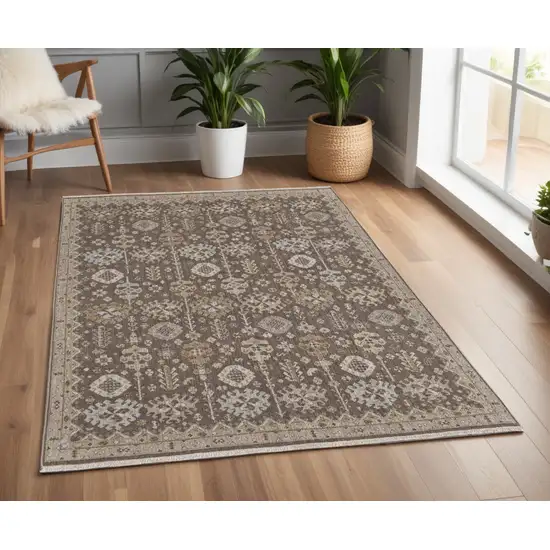 Tan and Brown Wool Oriental Hand Knotted Area Rug With Fringe Photo 1