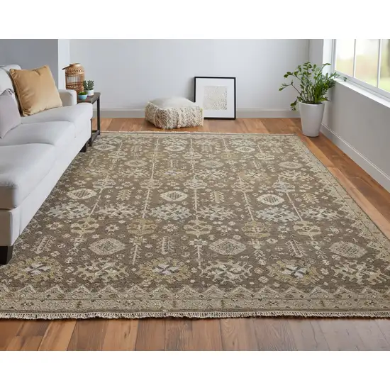 Tan and Brown Wool Oriental Hand Knotted Area Rug With Fringe Photo 9