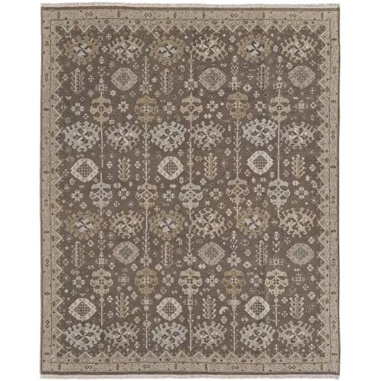 Tan and Brown Wool Oriental Hand Knotted Area Rug With Fringe Photo 2