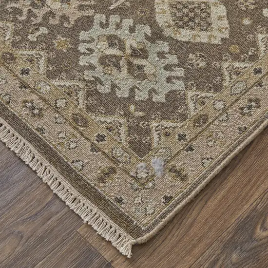 Tan and Brown Wool Oriental Hand Knotted Area Rug With Fringe Photo 8