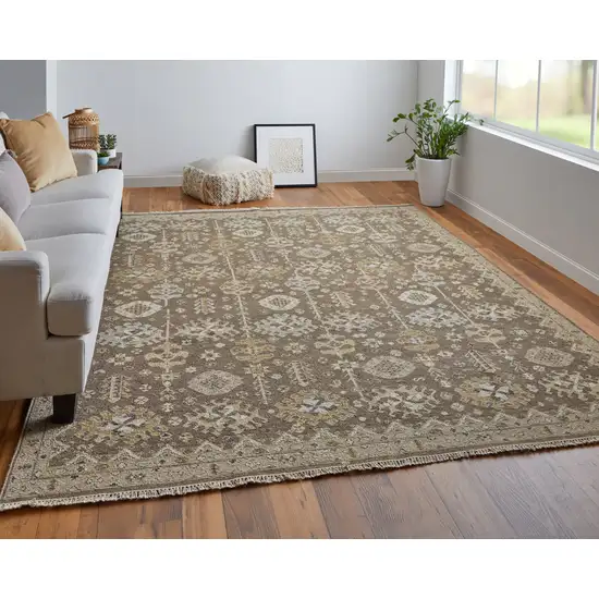 Tan and Brown Wool Oriental Hand Knotted Area Rug With Fringe Photo 5