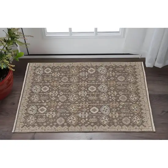 Tan and Brown Wool Oriental Hand Knotted Area Rug With Fringe Photo 1