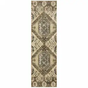 Photo of Tan and Gold Central Medallion Indoor Runner Rug