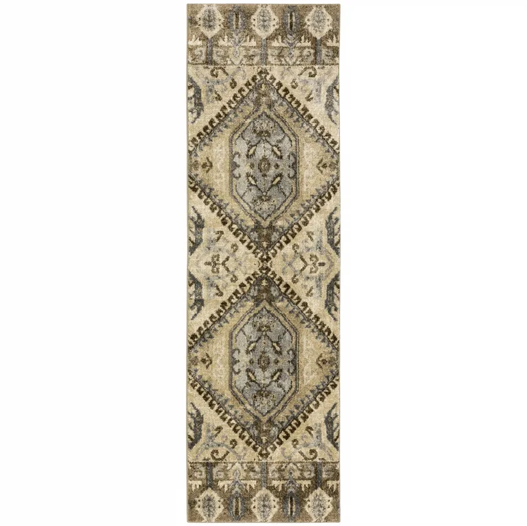 Tan and Gold Central Medallion Indoor Runner Rug Photo 1