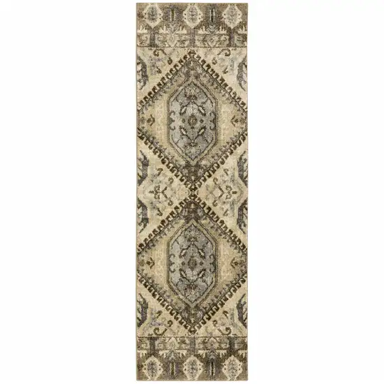 Tan and Gold Central Medallion Indoor Runner Rug Photo 1