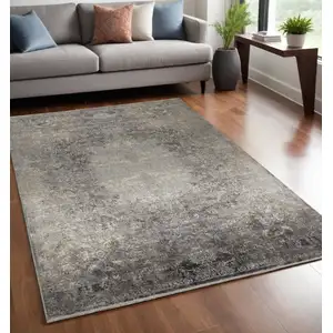 Photo of Tan and Gray Oriental Power Loom Worn Faded Area Rug