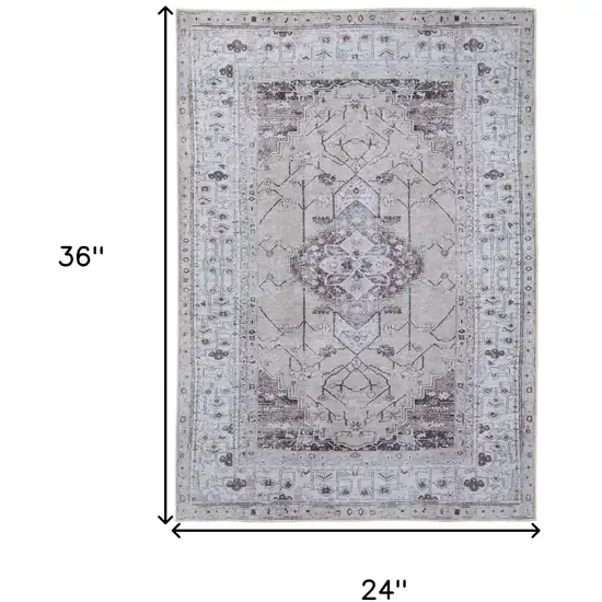 Tan and Gray Oriental Power Loom Worn Faded Washable Area Rug Photo 3