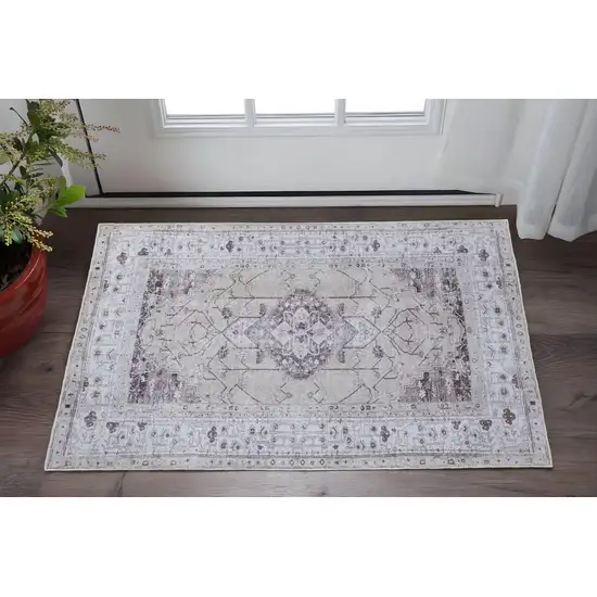 Tan and Gray Oriental Power Loom Worn Faded Washable Area Rug Photo 1