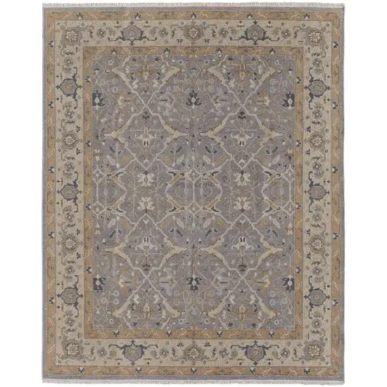 Tan and Gray Wool Oriental Hand Knotted Area Rug With Fringe Photo 4