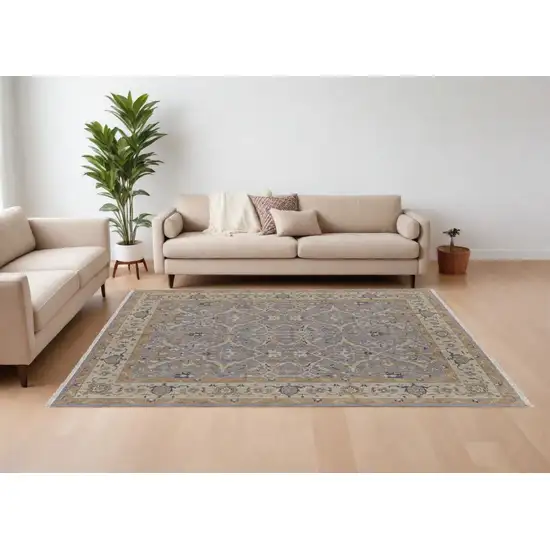 Tan and Gray Wool Oriental Hand Knotted Area Rug With Fringe Photo 1