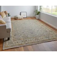 Photo of Tan and Gray Wool Oriental Hand Knotted Area Rug With Fringe