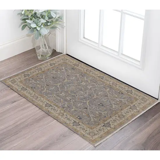 Tan and Gray Wool Oriental Hand Knotted Area Rug With Fringe Photo 1