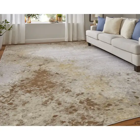 Tan and Ivory Abstract Power Loom Worn Faded Area Rug Photo 9