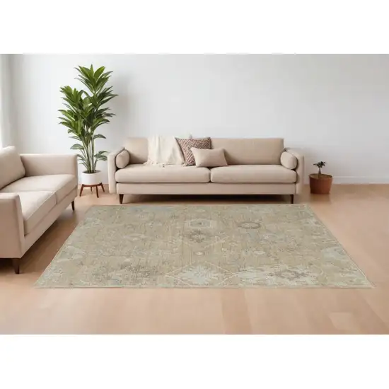 Tan and Ivory Wool Floral Hand Knotted Area Rug Photo 1