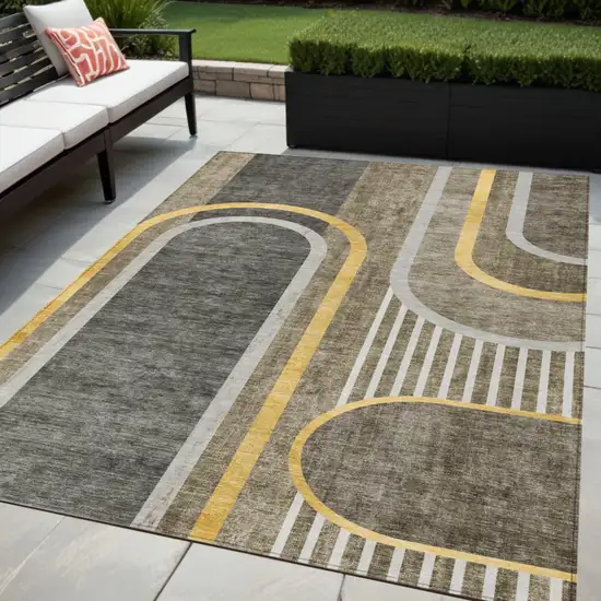 Gray Green and Gold Abstract Washable Non Skid Indoor Outdoor Area Rug Photo 1