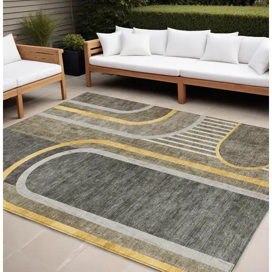 Gray Green and Gold Abstract Washable Non Skid Indoor Outdoor Area Rug Photo 1