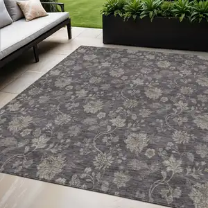 Photo of Taupe And Beige Floral Washable Indoor Outdoor Area Rug