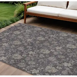 Photo of Taupe And Beige Floral Washable Indoor Outdoor Area Rug