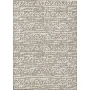 Photo of Taupe And Beige Geometric Washable Indoor Outdoor Area Rug