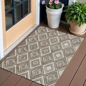 Photo of Taupe And Beige Geometric Washable Indoor Outdoor Area Rug