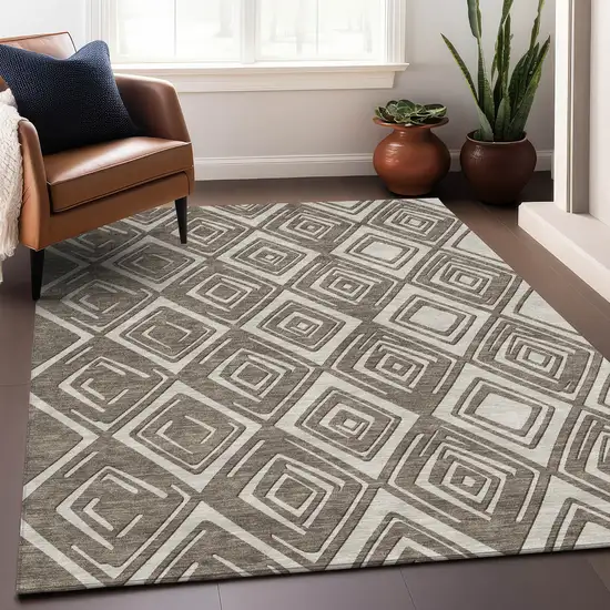 Taupe And Beige Geometric Washable Indoor Outdoor Area Rug Photo 9