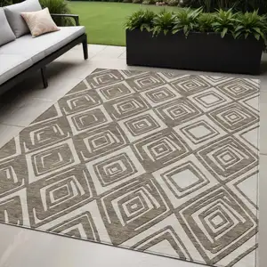 Photo of Taupe And Beige Geometric Washable Indoor Outdoor Area Rug