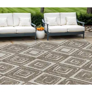 Photo of Taupe And Beige Geometric Washable Indoor Outdoor Area Rug