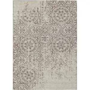 Photo of Taupe And Beige Medallion Washable Indoor Outdoor Area Rug