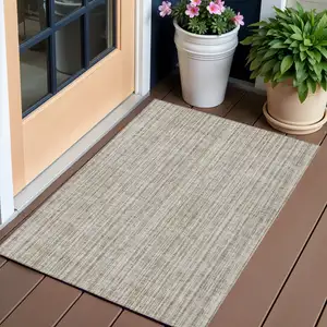 Photo of Taupe And Beige Striped Washable Indoor Outdoor Area Rug