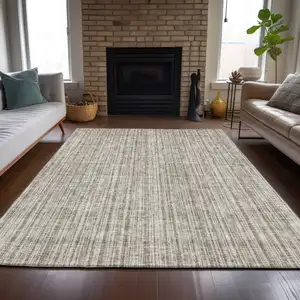 Photo of Taupe And Beige Striped Washable Indoor Outdoor Area Rug