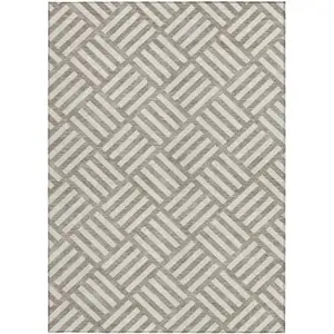 Photo of Taupe And Ivory Geometric Washable Indoor Outdoor Area Rug