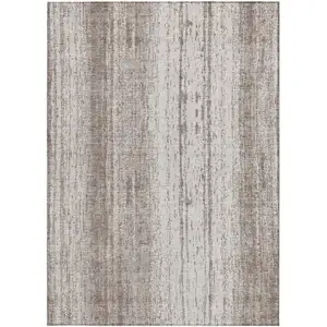 Photo of Taupe And Ivory Striped Washable Indoor Outdoor Area Rug