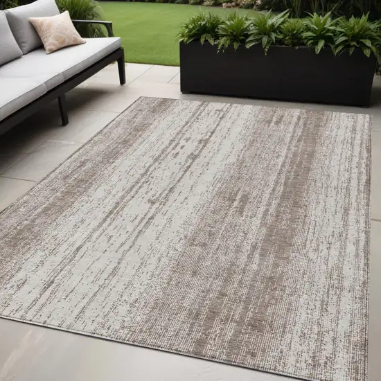 Taupe And Ivory Striped Washable Indoor Outdoor Area Rug Photo 1