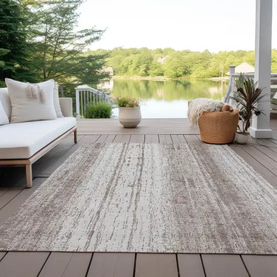 Taupe And Ivory Striped Washable Indoor Outdoor Area Rug Photo 8