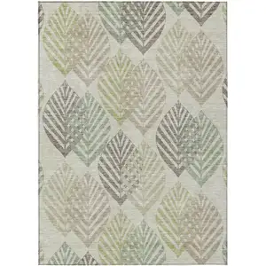 Photo of Taupe Beige And Artichoke Green Floral Washable Indoor Outdoor Area Rug