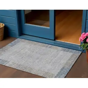 Photo of Taupe Beige And Blue Geometric Washable Indoor Outdoor Area Rug