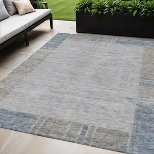 Photo of Taupe Beige And Blue Geometric Washable Indoor Outdoor Area Rug