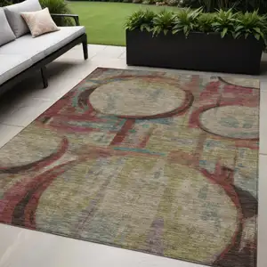 Photo of Taupe Beige And Blush Geometric Washable Indoor Outdoor Area Rug