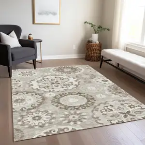 Photo of Taupe Beige And Brown Floral Medallion Washable Indoor Outdoor Area Rug